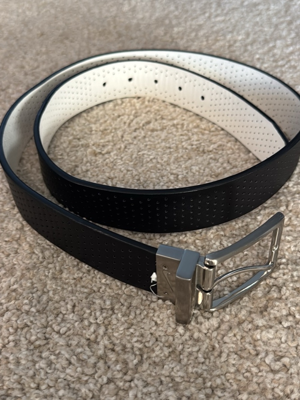 Nike Two-Tone Perforated Leather Belt in Black and White with Silver Buckle